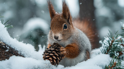 Squirrel in the snow holding a pine cone ,Cristmas, photo style