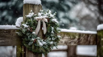 Christmas wreath hanging on a snowy fence in nature ,Cristmas, photo style
