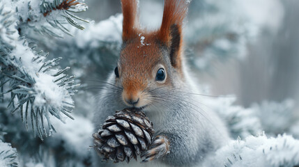 Squirrel in the snow holding a pine cone ,Cristmas, photo style