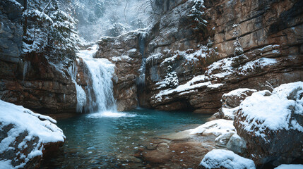 Icy waterfall surrounded by winter rocks ,Cristmas, photo style