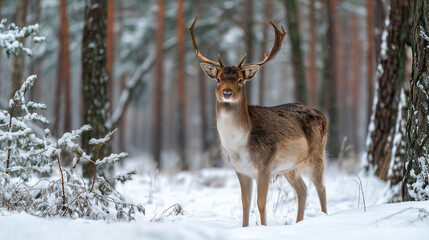 Deer standing in a snowy forest clearing ,Cristmas, photo style