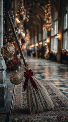 Magical broom with red velvet bow, propped against stone pillar in lit castle corridor decorated with lanterns, ornaments, and Christmas tree.