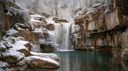 Icy waterfall surrounded by winter rocks ,Cristmas, photo style