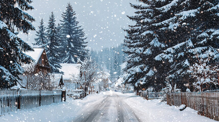 Naklejka premium Snowy village road lined with pine trees ,Cristmas, photo style