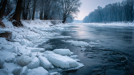 Winter river with ice on the banks and flowing water ,Cristmas, photo style