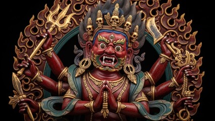 Obraz premium A fierce, multi-armed deity with red skin, multiple skulls, & ornate details against black