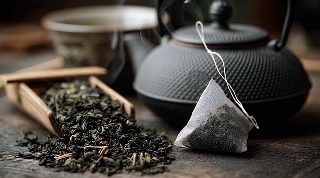 Steaming tea kettle, loose leaves, and tea bag
