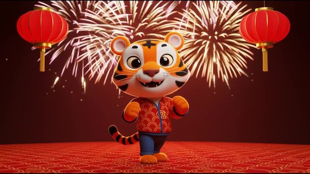 Festive celebration with animated tigers dancing under fireworks and lanterns