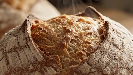 Closeup of a beautifully baked artisanal sourdough bread loaf showcasing its rustic goldenbrown crust with a perfect ear and flour dusting emphasizing the delicious texture and traditional baking cra.