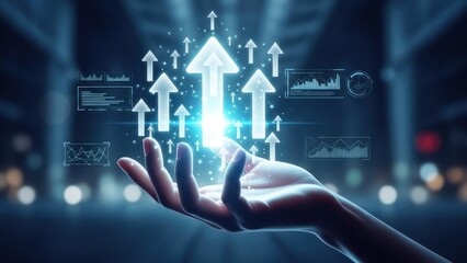 A glowing hand holds upward-pointing arrows with data visualizations in a futuristic setting