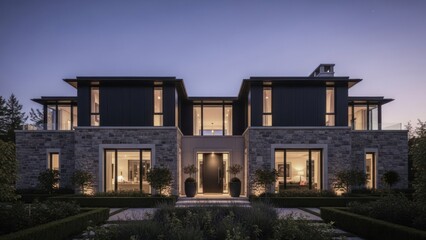 A grand, illuminated modern home at dusk, featuring stone and dark accents