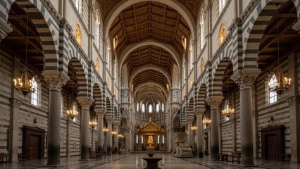 Fototapeta premium A grand cathedral interior with ornate architecture, arches, columns, and a wooden ceiling