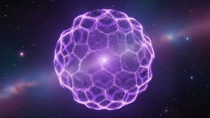A luminous, hexagonal-patterned sphere glows against a backdrop of stars and nebulas