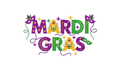 Colorful Mardi Gras text with festive decorations in purple and green  