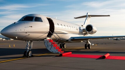 Obraz premium A luxurious white jet with open door, red carpet, on tarmac under blue sky