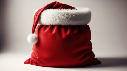A plush red sack topped with a fluffy white rim and a Santa-style hat, on a light background