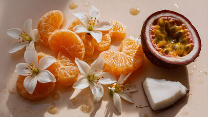 
flat lay composition, wet tangerine segments with juicy glowing pulp, delicate white blossom flowers, passionfruit half with glossy seeds, a small open chunk of coconut, artistic arrangement on a sof