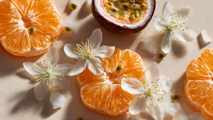flat lay composition, wet tangerine segments with juicy glowing pulp, delicate white blossom flowers, passionfruit half with glossy seeds, a small open chunk of coconut, artistic arrangement on a sof