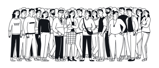 A group of diverse happy people. A crowd. Many men and women. Vector doodle illustration.