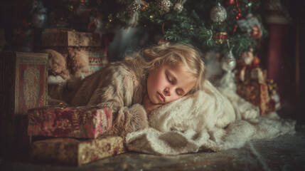 A little girl sleeping next to a Christmas tree filled with presents ,Cristmas, photo style