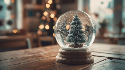 A Christmas tree inside a glass snow globe on a wooden table ,Cristmas, photo style
