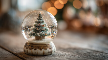 A Christmas tree inside a glass snow globe on a wooden table ,Cristmas, photo style