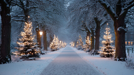 A snowy park path lined with small lit Christmas trees ,Cristmas, photo style
