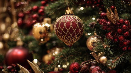 A Christmas tree decorated with traditional red and gold ornaments ,Cristmas, photo style