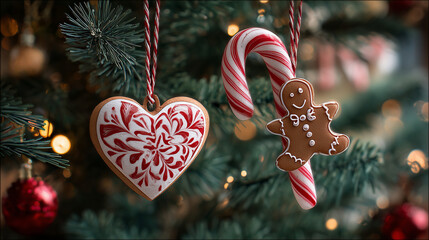 A Christmas tree decorated with candy canes and gingerbread ornaments ,Cristmas, photo style