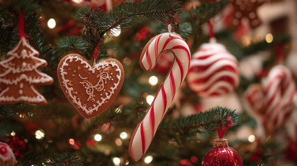 A Christmas tree decorated with candy canes and gingerbread ornaments ,Cristmas, photo style