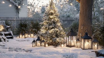 A snowy backyard with a Christmas tree surrounded by candle lanterns ,Cristmas, photo style