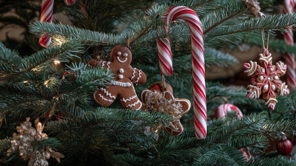 A Christmas tree decorated with candy canes and gingerbread ornaments ,Cristmas, photo style
