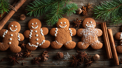 Gingerbread men arranged on a wooden table with cinnamon sticks and pine branches ,Cristmas, photo style