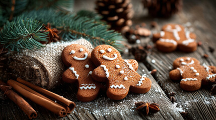 Gingerbread men arranged on a wooden table with cinnamon sticks and pine branches ,Cristmas, photo style