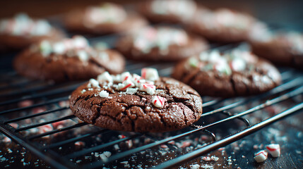 Close-up of freshly baked chocolate peppermint cookies cooling on a rack ,Cristmas, photo style