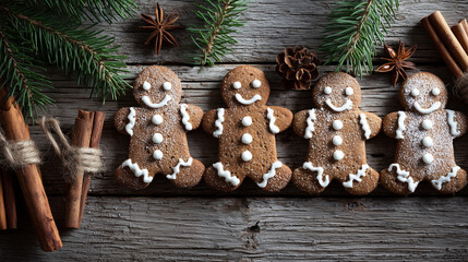 Gingerbread men arranged on a wooden table with cinnamon sticks and pine branches ,Cristmas, photo style