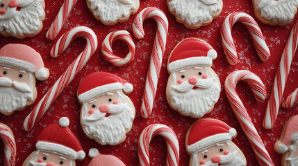 Santa-shaped cookies surrounded by red and white candy canes ,Cristmas, photo style