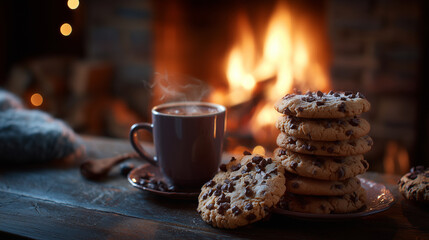 Cozy scene with cookies and a cup of hot cocoa near a glowing fireplace ,Cristmas, photo style