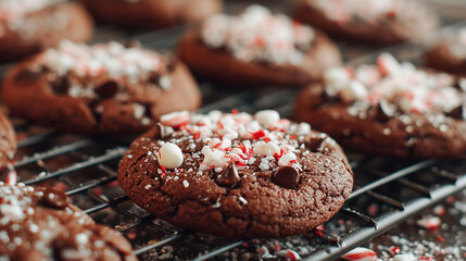 Close-up of freshly baked chocolate peppermint cookies cooling on a rack ,Cristmas, photo style