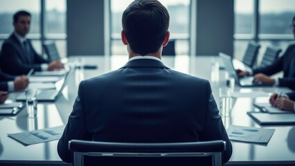 A suited man's back faces a boardroom table with others, windows visible in background