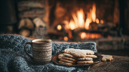 Cozy scene with cookies and a cup of hot cocoa near a glowing fireplace ,Cristmas, photo style