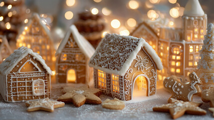 Frosted gingerbread houses surrounded by assorted cookies ,Cristmas, photo style