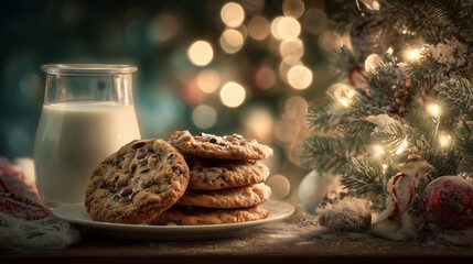 Cookies and milk left out for Santa next to a Christmas tree ,Cristmas, photo style