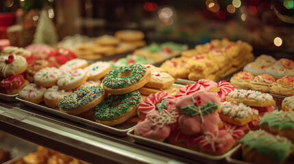 A bakery display case filled with Christmas-themed cookies ,Cristmas, photo style
