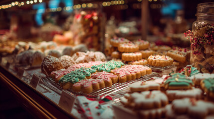 A bakery display case filled with Christmas-themed cookies ,Cristmas, photo style