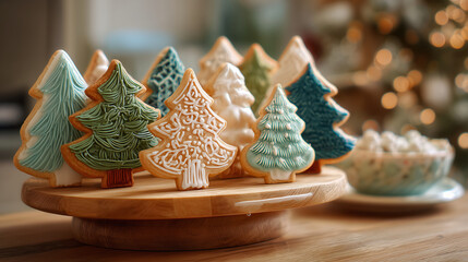 Cookies shaped like ornaments displayed on a small tree stand ,Cristmas, photo style