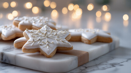 Minimalist white-iced cookies on a marble countertop with soft light ,Cristmas, photo style