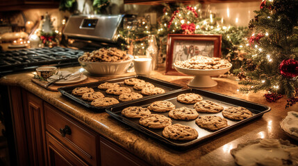 A warm kitchen scene with trays of cookies fresh from the oven ,Cristmas, photo style