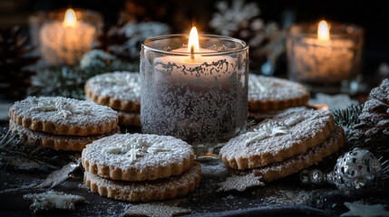 Frosted cookies arranged around a candle centerpiece ,Cristmas, photo style