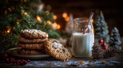 Cookies and milk left out for Santa next to a Christmas tree ,Cristmas, photo style